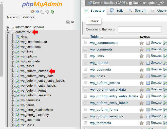 Go to the quform entries database table