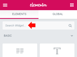 Click into the Elementor widget search field