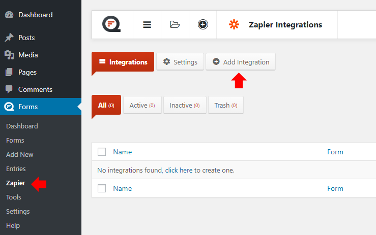 Go to Forms Zapier and click Add Integration